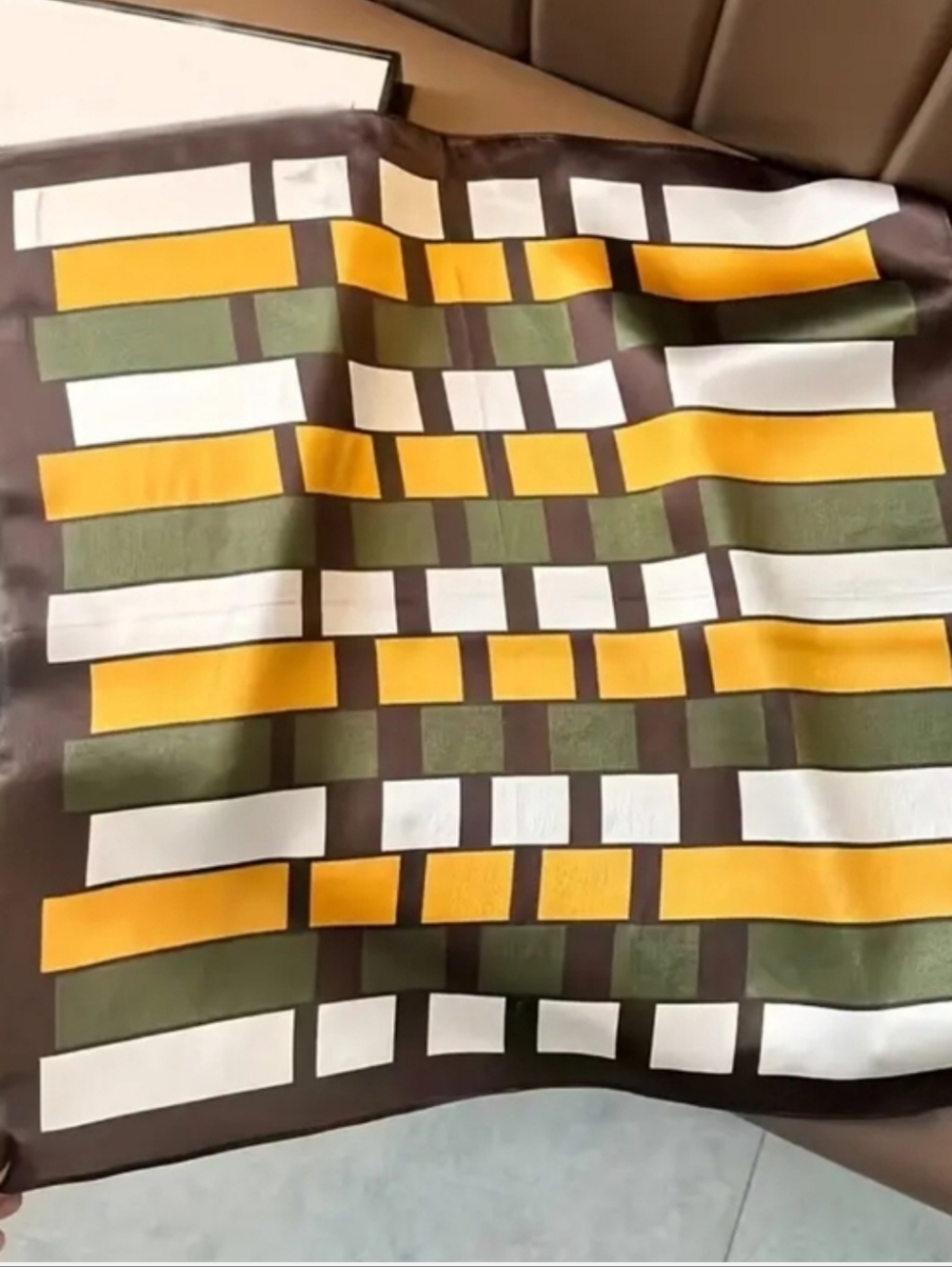 Silk-Feel Geometric Neck Scarf in Mustard, Olive & Cream - Picture 2 of 4